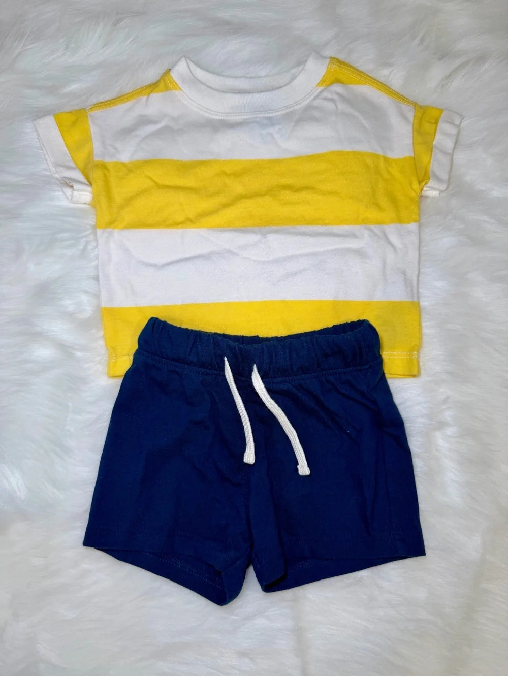 Old Navy Yellow & White Striped Tee with Navy Drawstring Shorts